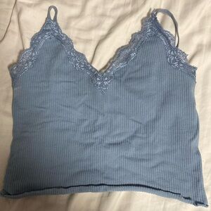 Lace Trim Ribbed Blue Camisole